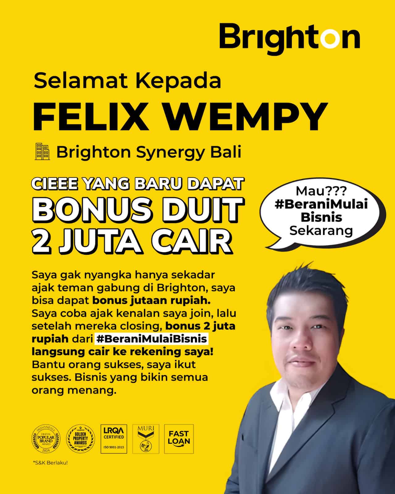 Selamat Kepada Felix Wempy Bonus 2 Juta Cair