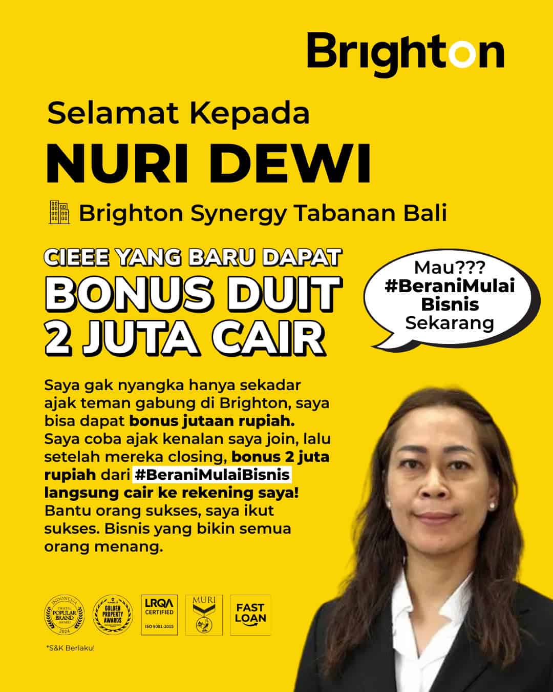 Selamat Kepada Bu Nuri Dewi Brighton Synergy Tabanan Bali Bonus Duit 2 Juta Cair
