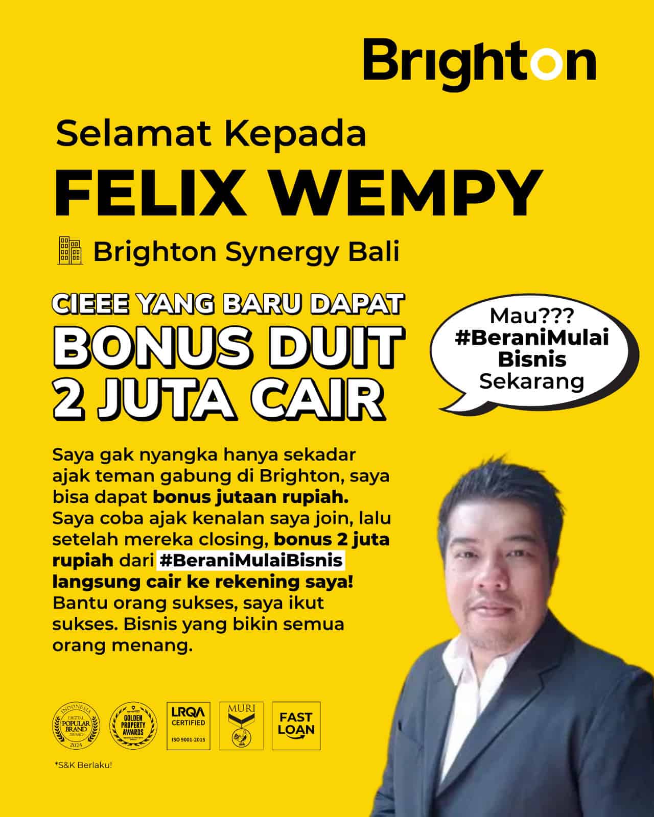 Selamat Kepada Felix Wempy Bonus Duit 2 Juta Cair